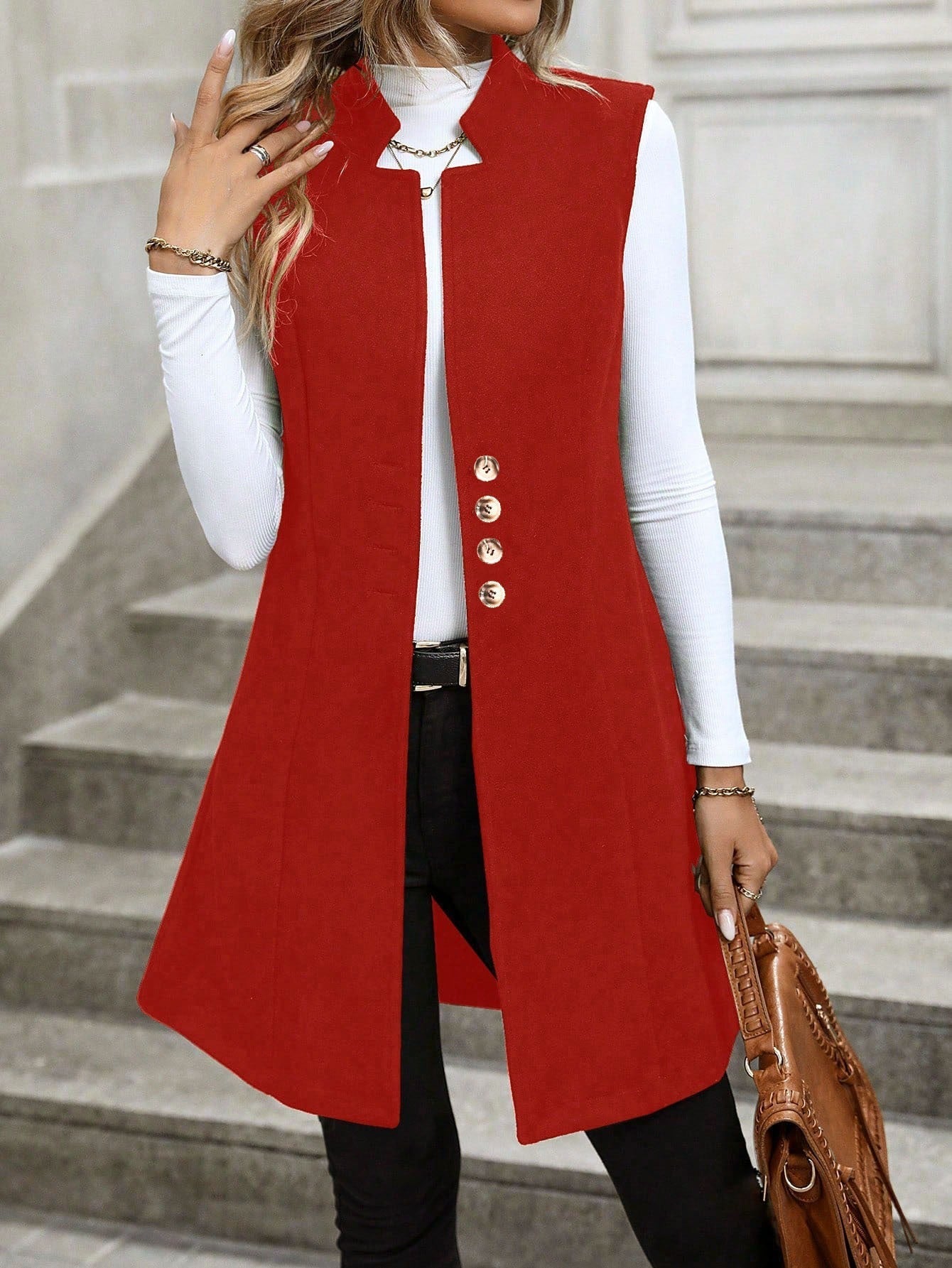 Women’s Sleeveless Vest – Tailored Fit – Wool Blend – High Collar – Button Front
