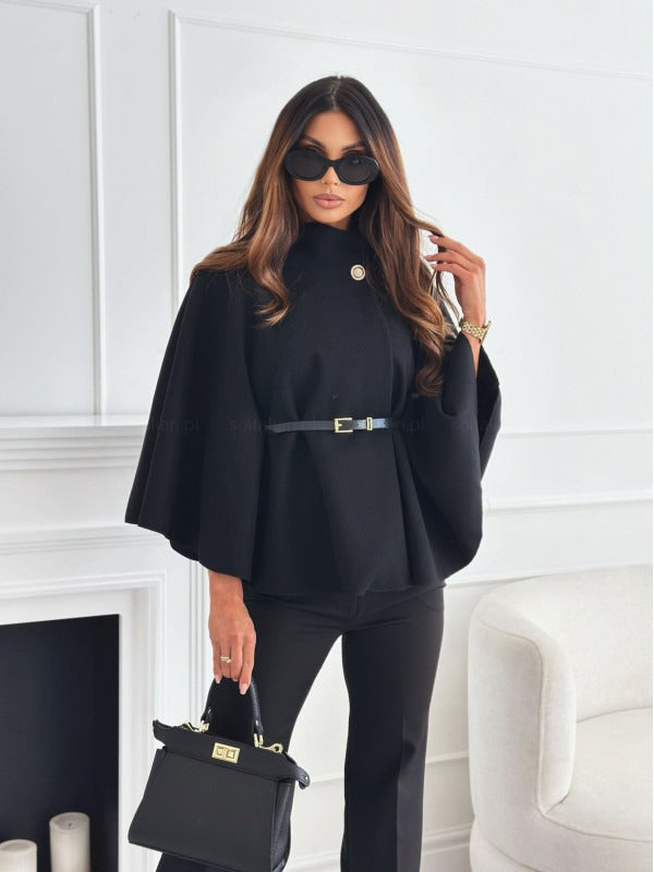 Women’s Cape Coat – Wool Blend – Tailored Fit – High Neck – Belted Waist Elegance
