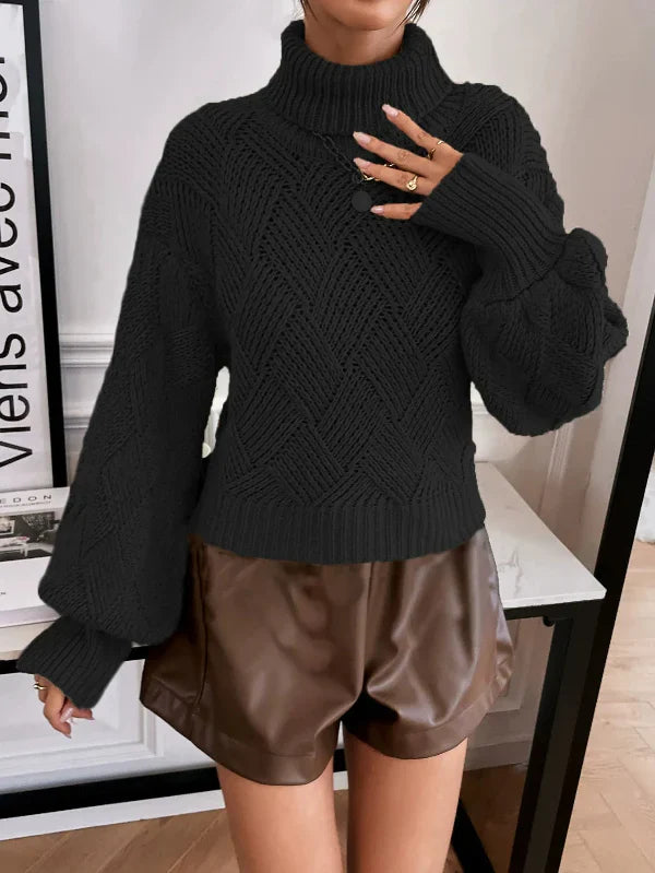 Women’s Pullover Sweater – Wool Knit – Oversized Fit – Turtleneck – Lantern Sleeve