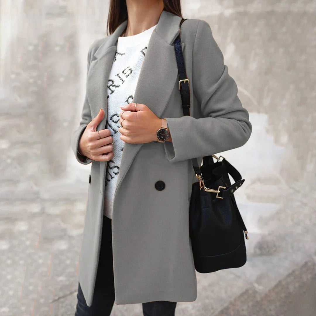 Women’s Mid-Length Coat – Wool Feel – Classic Fit – Double-Breasted Tailored Style