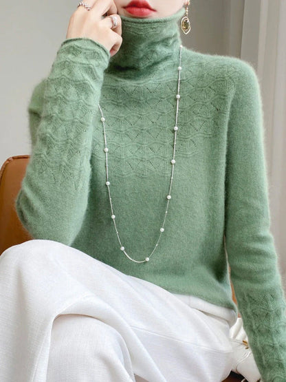 Women’s Turtleneck Sweater – Slim Fit – Wool Blend – Hollow Knit – Full Length Sleeves