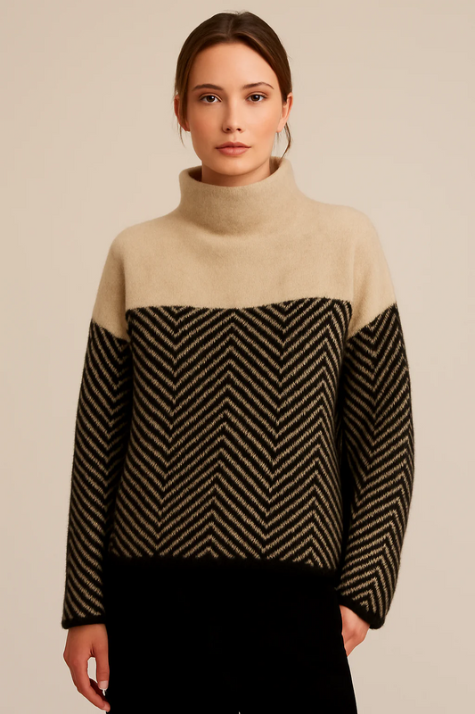 Women’s Turtleneck Sweater – Wool – Relaxed Fit – Chevron Knit – Hip Length – Ribbed Cuffs