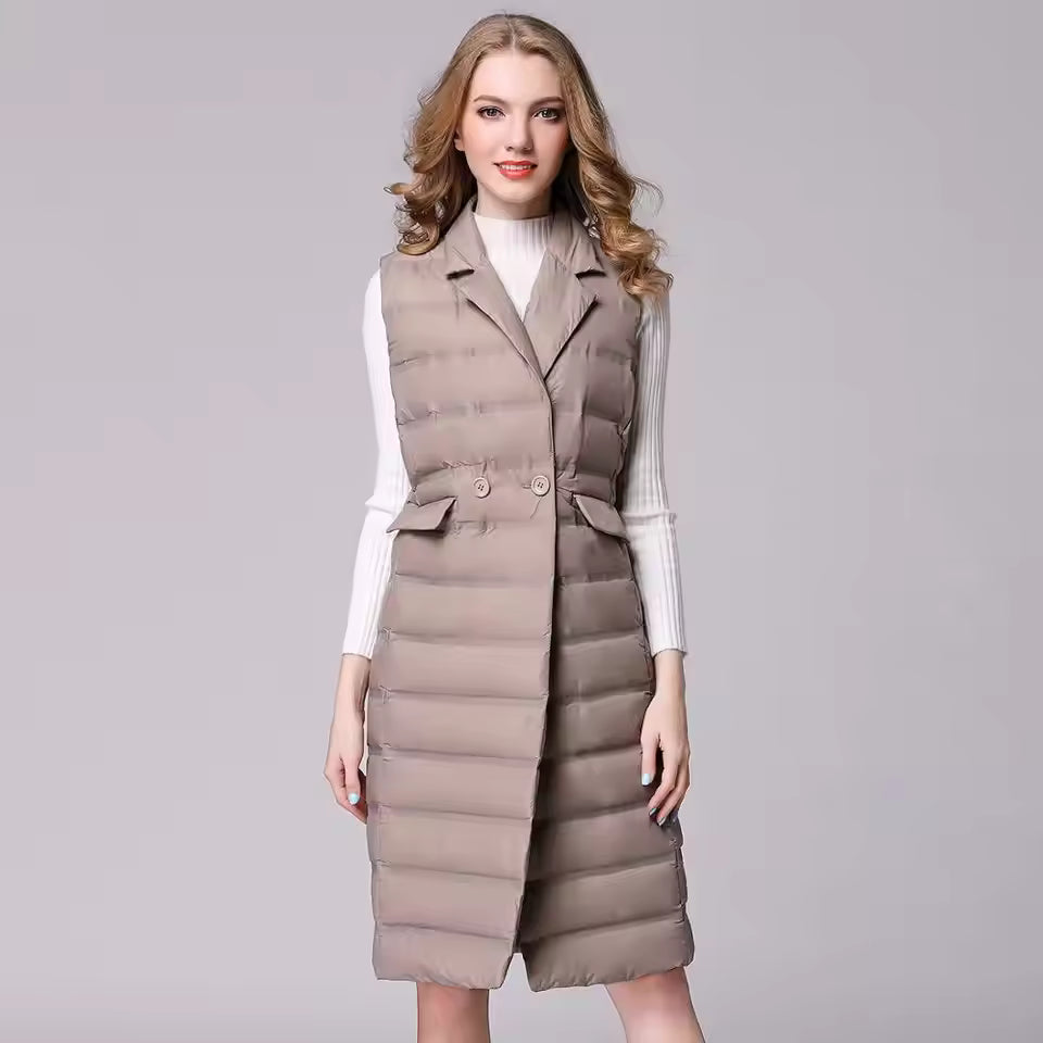 Women’s Quilted Vest – Slim Fit – Duck Down Padded – Sleeveless Knee-Length Outerwear