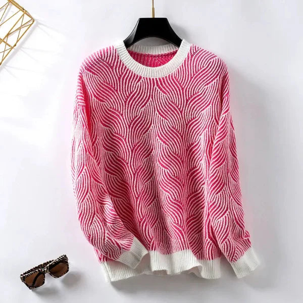Women’s Pullover Sweater – Wool Knit – Loose Fit – Round Neck – Wavy Stripe Pattern