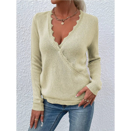 Women’s V-Neck Sweater – Relaxed Fit – Soft Knit – Scalloped Neckline – Long Sleeve