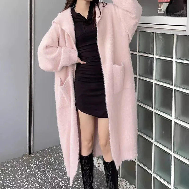 Women’s Knitted Cardigan – Soft Fleece – Long Oversized Fit – Hooded Open Front