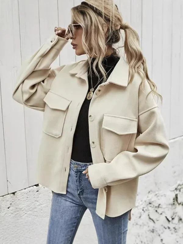 Women’s Wool Coat – Oversized Fit – Notched Collar – Button Front – Hip Length