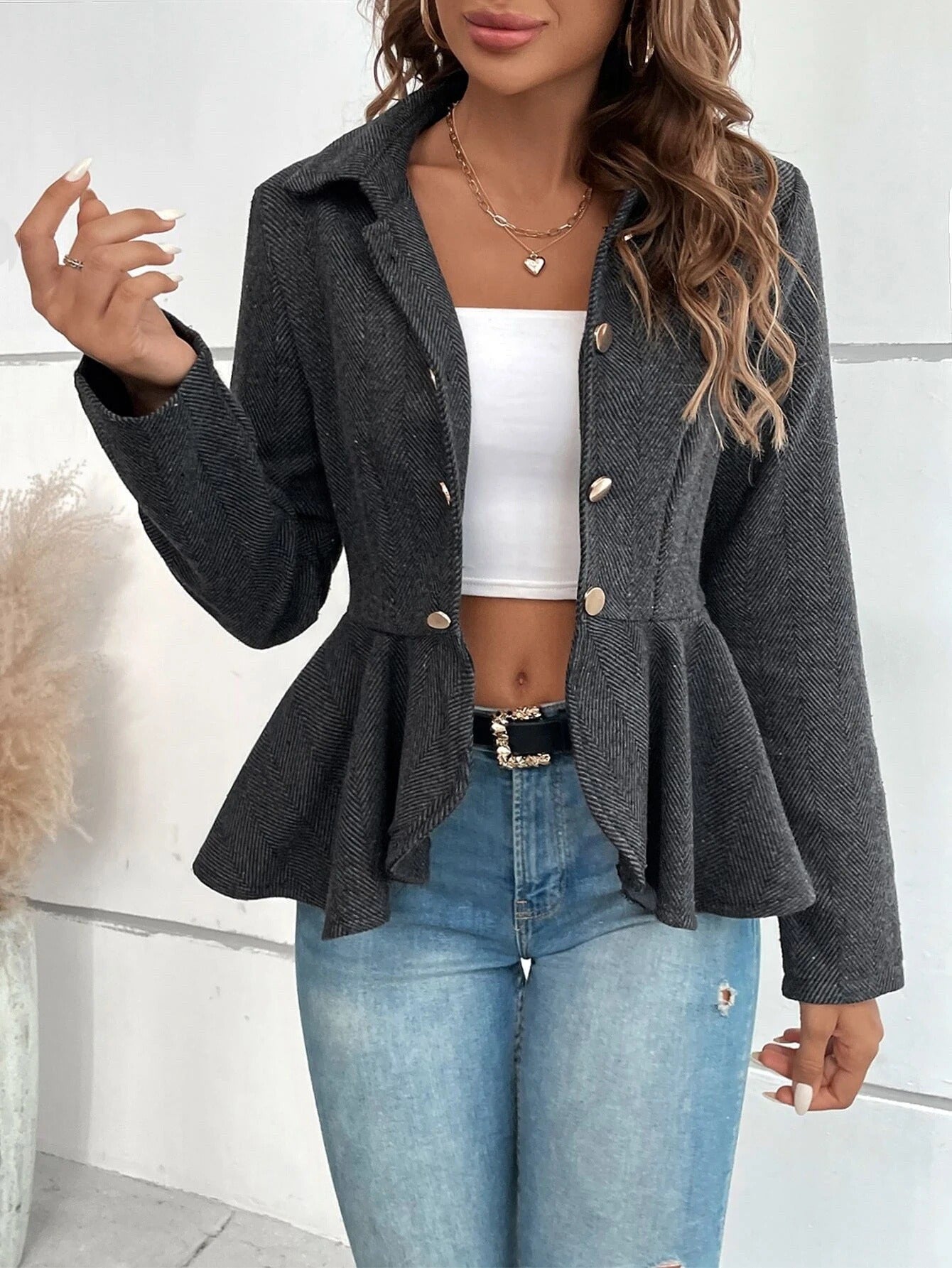 Women’s Suit Jacket – Slim Fit – Jacquard – Double-Breasted – Peplum Hem