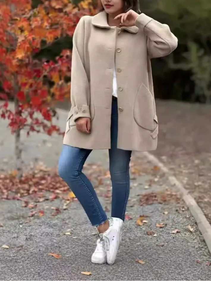 Women’s Wool Coat – Relaxed Fit – Mid-Length – Lapel Collar – Button Front – Patch Pockets