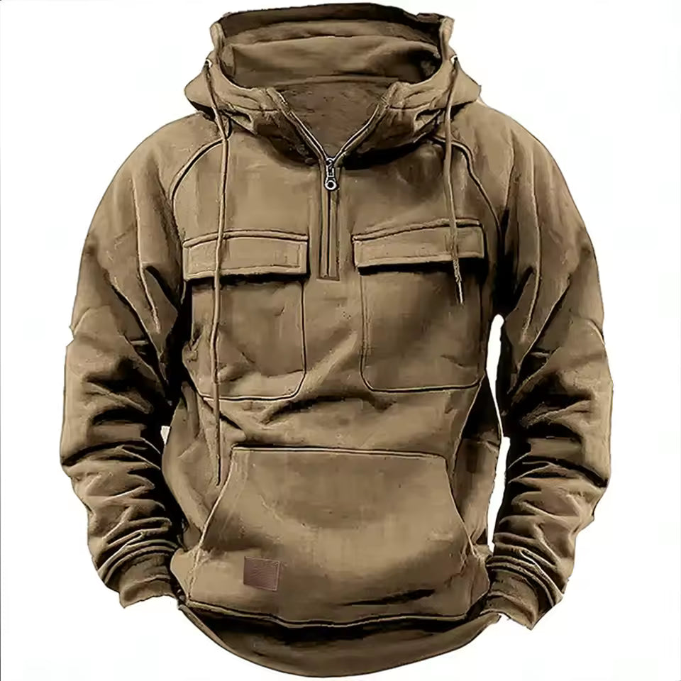 Men’s Hooded Jacket – Relaxed Fit – Leather – Flap Pockets – Zip Front