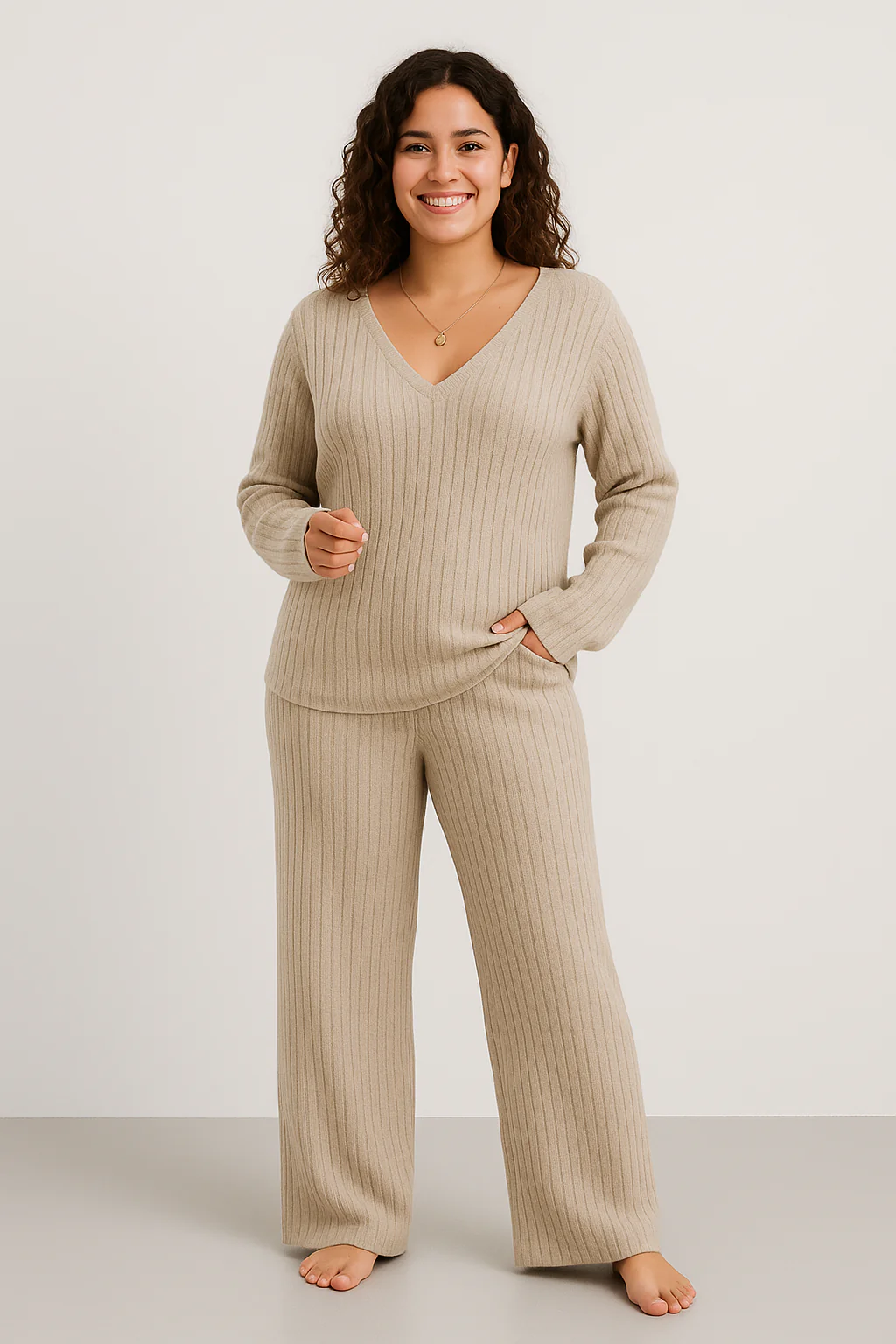 Women’s Lounge Set – Ribbed Knit – Relaxed Fit – V-Neck Top – Wide-Leg Trousers