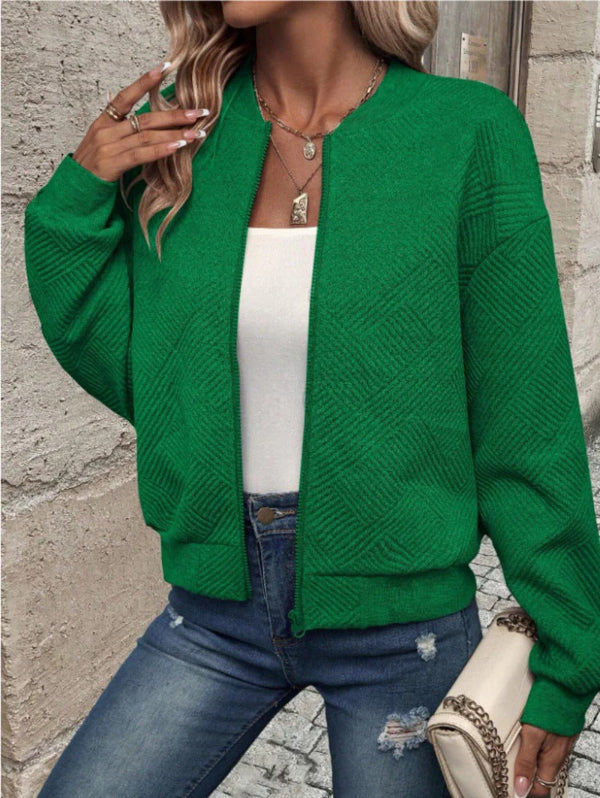 Women’s Cardigan – Textured Knit – Zip-Up Front – Relaxed Fit – Ribbed Trim