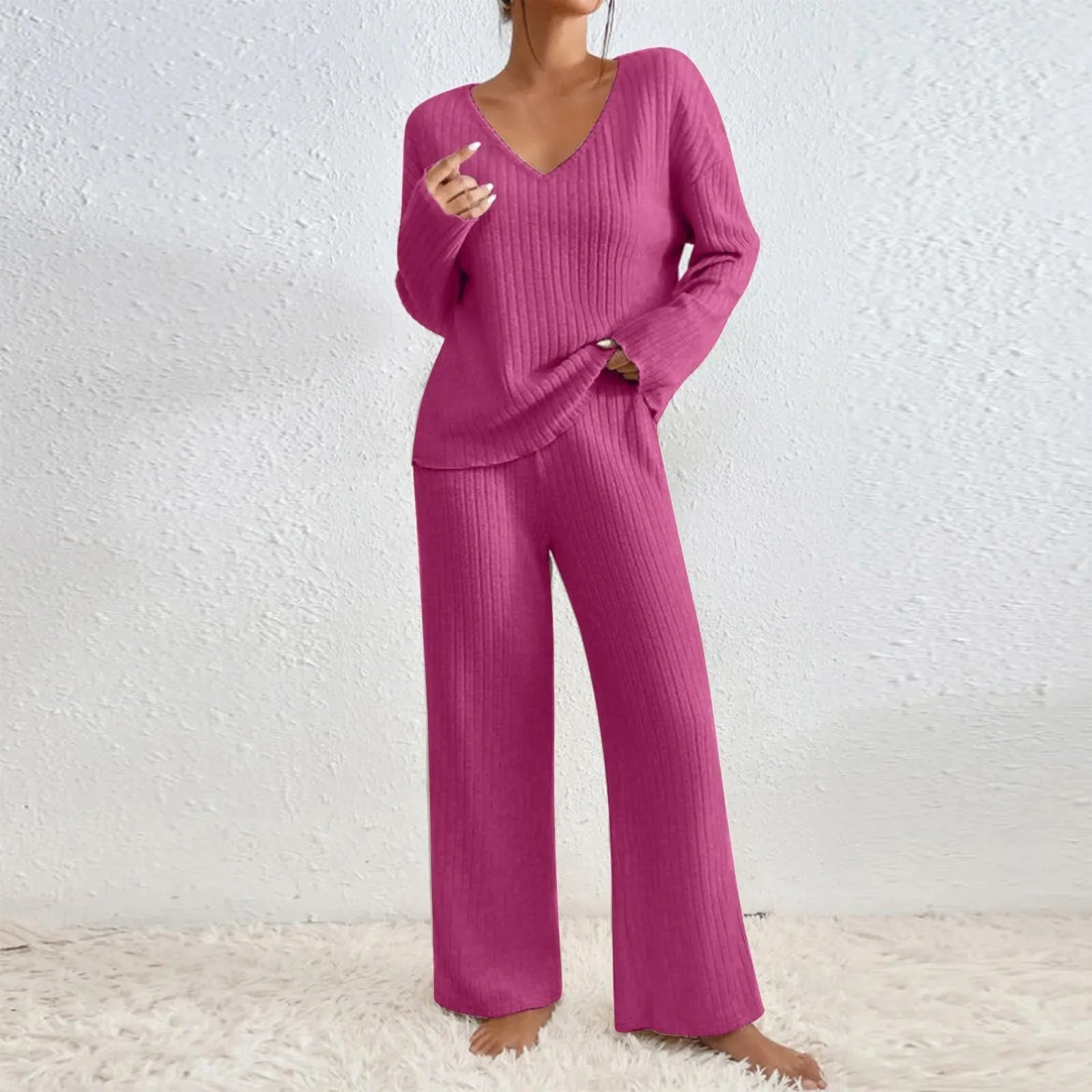 Women’s Lounge Set – Ribbed Knit – Relaxed Fit – V-Neck Top – Wide-Leg Trousers