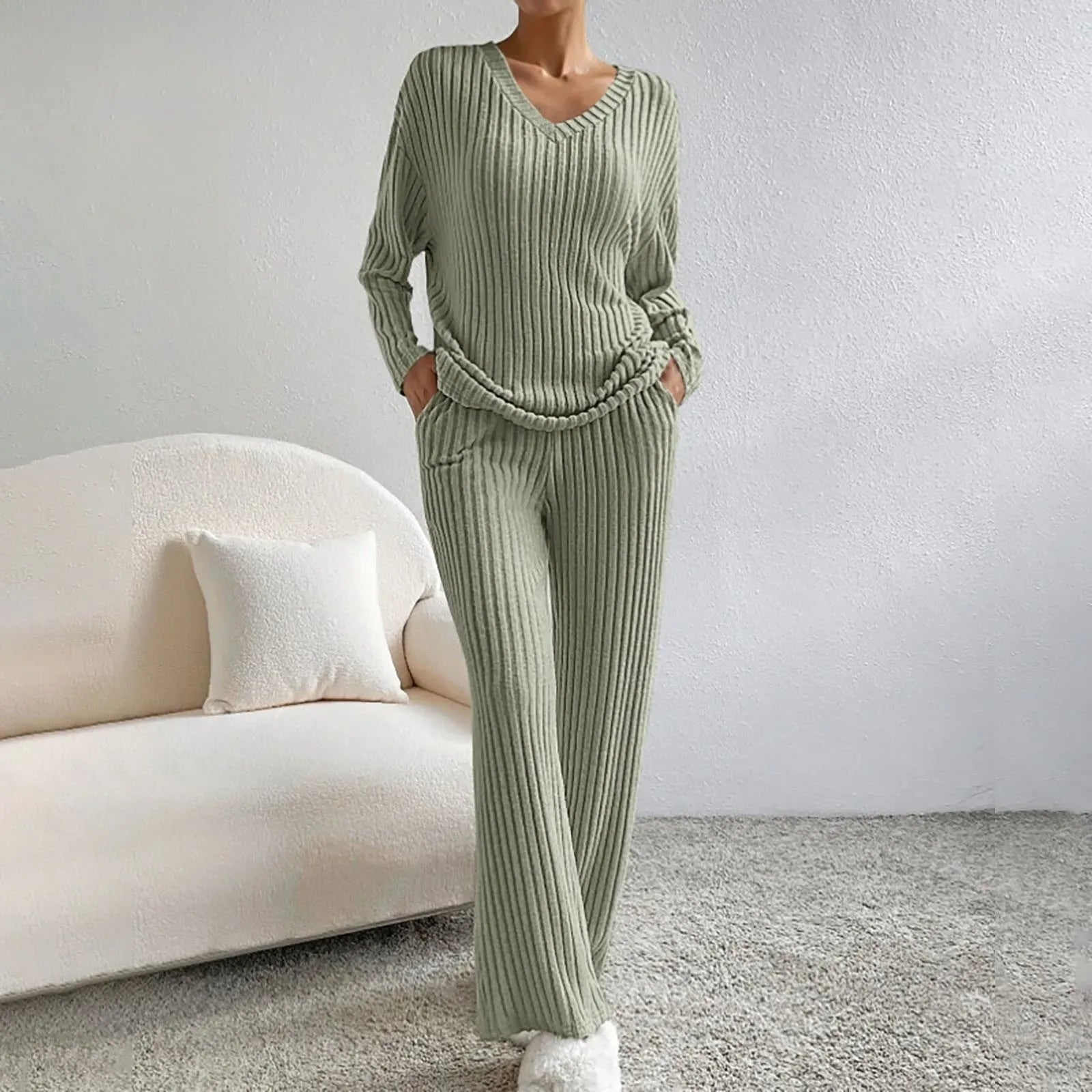 Women’s Lounge Set – Ribbed Knit – Relaxed Fit – V-Neck Top – Wide-Leg Trousers