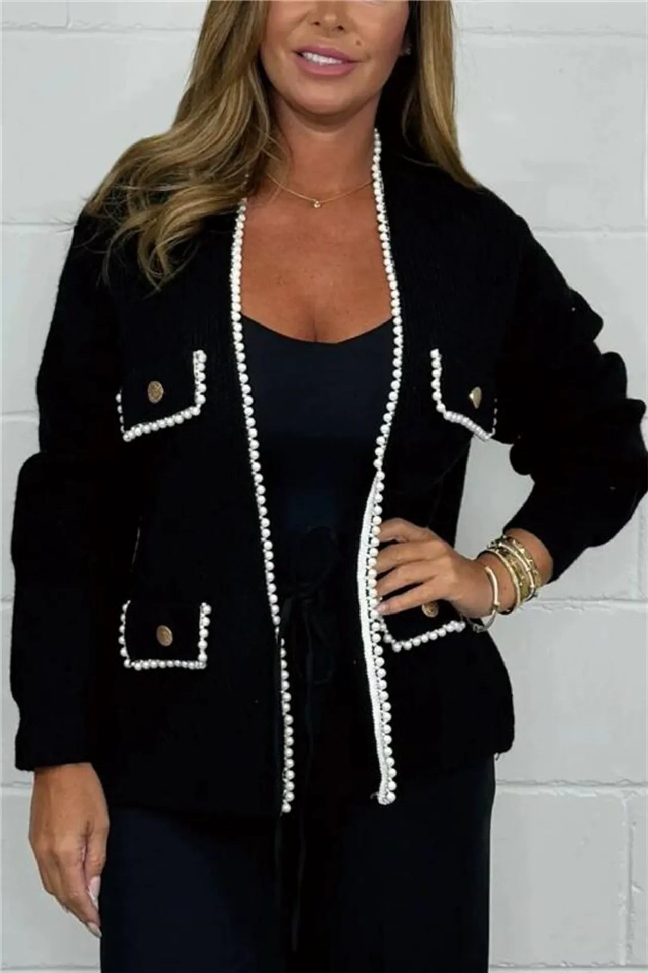 Women’s Cardigan – Relaxed Fit – Knitted Wool Blend – Beaded Trim – Front Pockets