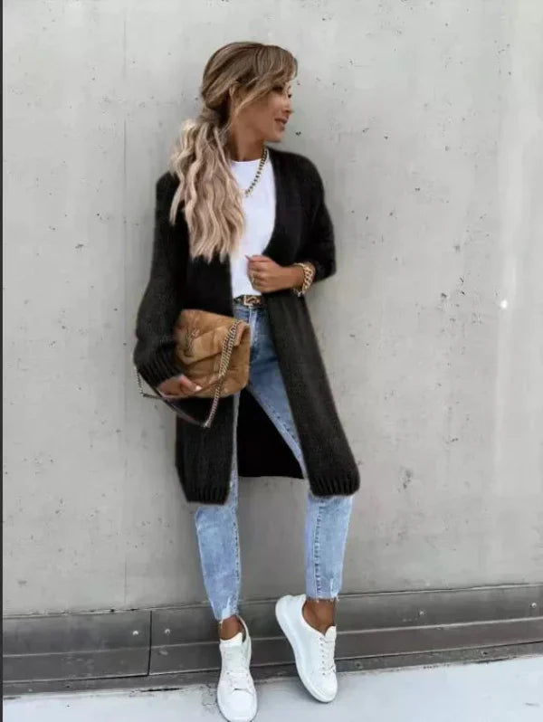 Women’s Knit Cardigan – Oversized Fit – Longline Open Front – Chunky Wool Blend