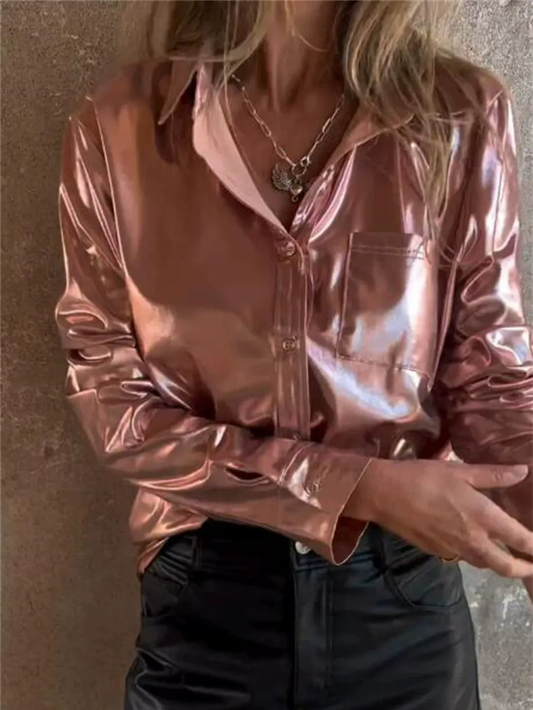 Women’s Button-Down Shirt – Faux Leather – Relaxed Fit – Long Sleeve Casual Wear