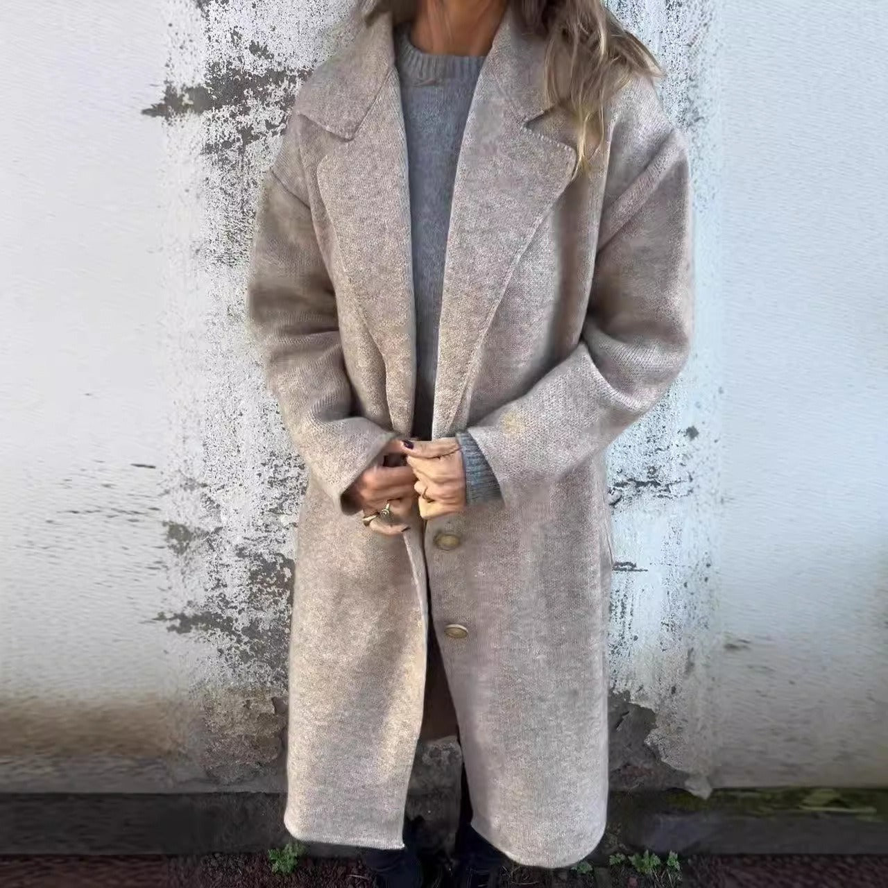 Women’s Wool Coat – Oversized Fit – Lapel Collar – Button Front – Mid Length