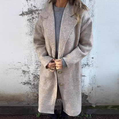 Women’s Wool Coat – Oversized Fit – Lapel Collar – Button Front – Mid Length