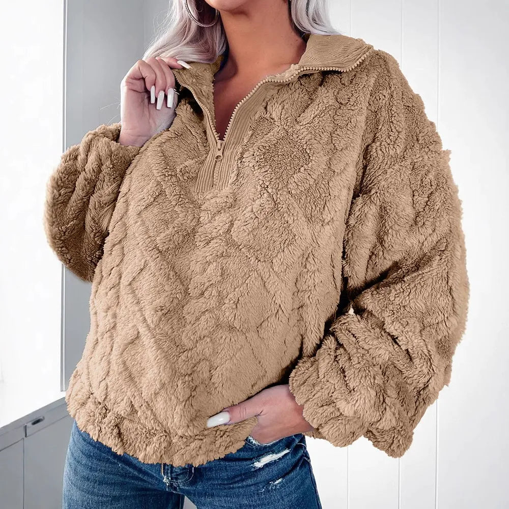 Women’s Pullover Sweater – Faux Fur – Relaxed Fit – Quilted – Half Zip – Long Sleeve
