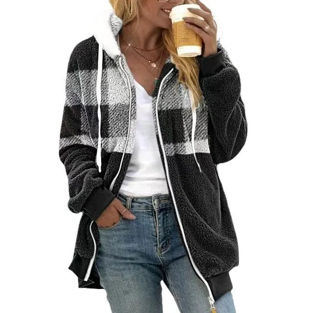 Women’s Hooded Sweatshirt Jacket – Plush Fleece – Oversized Fit – Zip Front – Casual Wear