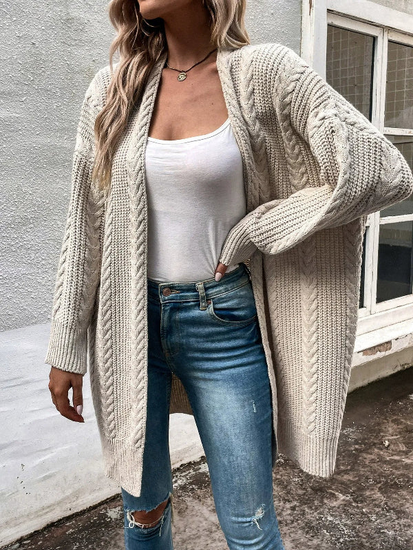 Women’s Cardigan – Wool Knit – Cable Texture – Open Front – Relaxed Fit Mid-Length