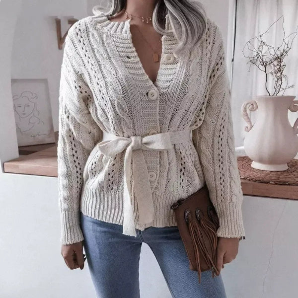 Women’s Knit Cardigan – Wool Blend – Cable Knit – Button Front – Waist Tie – Relaxed Fit