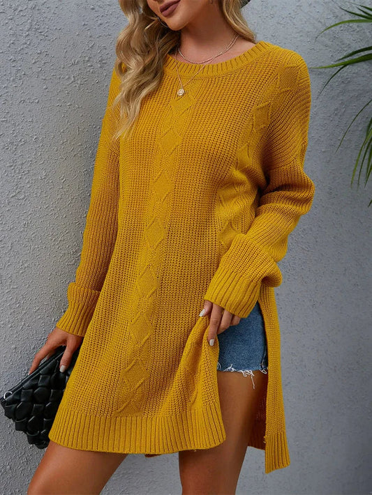 Women’s Pullover Sweater – Loose Fit – Cable Knit – Side Slit – Mid-Length Wool Feel