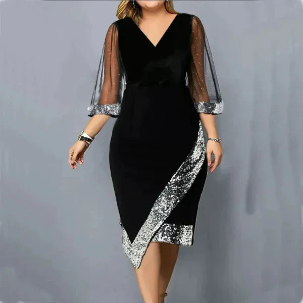 Women’s Midi Cocktail Dress – Fitted Velvet – Mesh Sleeves – Sequin Asymmetric Hem