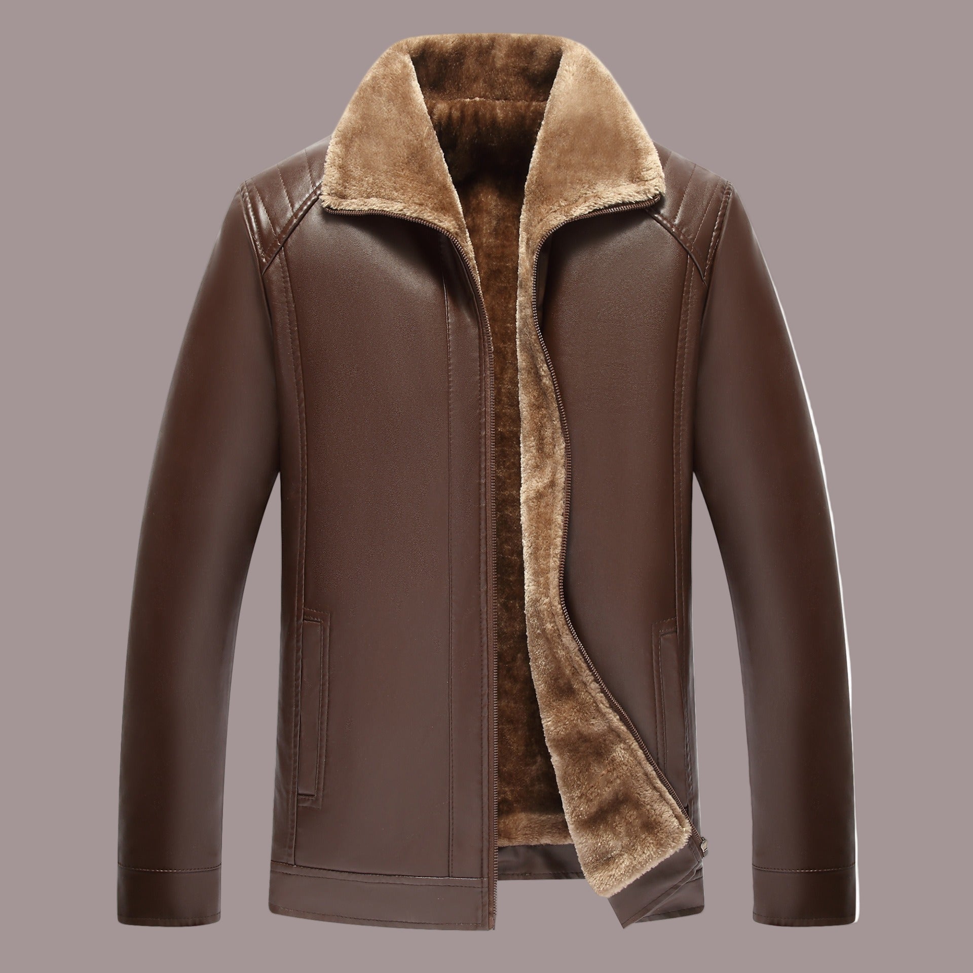 Men’s Leather Jacket – Structured Fit – Fuzzy Lining – Wide Collar – Zip Front