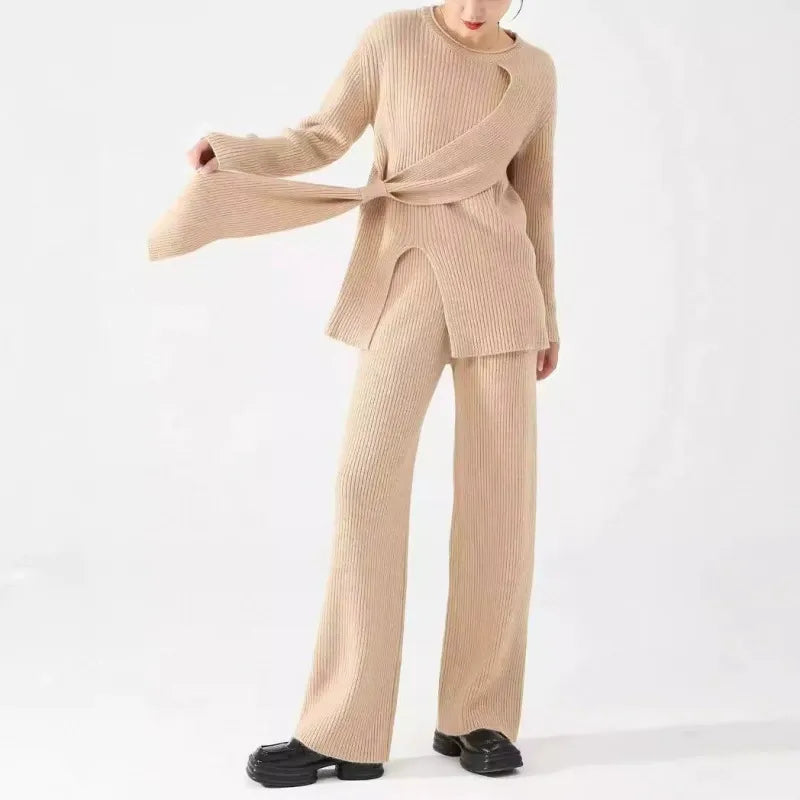 Women’s Knit Two-Piece Set – Relaxed Fit Sweater – Wide-Leg Ribbed Trousers – Soft Feel
