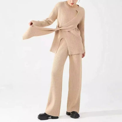 Women’s Knit Two-Piece Set – Relaxed Fit Sweater – Wide-Leg Ribbed Trousers – Soft Feel