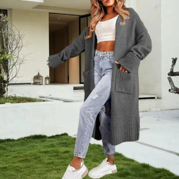 Women’s Long Cardigan – Oversized Fit – Knit Texture – Dropped Shoulders – Patch Pockets