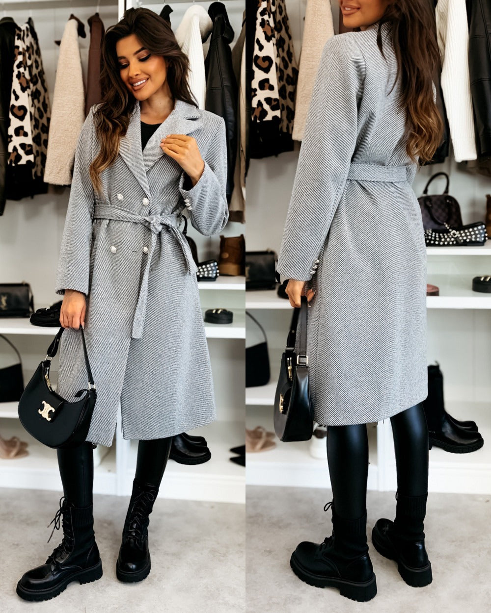 Women’s Wool Coat – Tailored Fit – Double-Breasted – Belted Waist – Knee Length