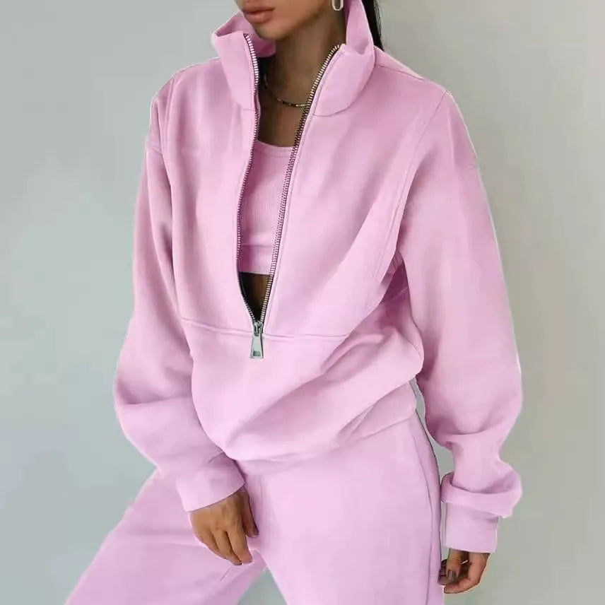 Women’s Athleisure Set – Fleece Half-Zip Pullover – Relaxed Fit – Full-Length Pants