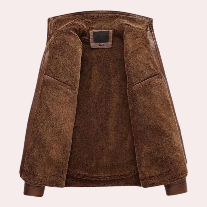 Men’s Leather Jacket – Slim Fit – Plush Lined – High Collar – Multiple Pockets