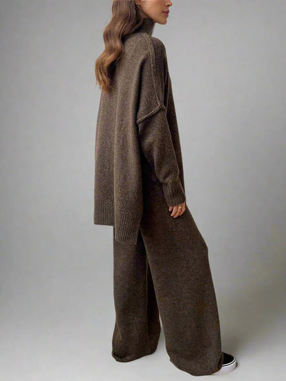 Women’s Lounge Set – Soft Knit Wool – Oversized Fit – Turtleneck Top & Wide-Leg Trousers