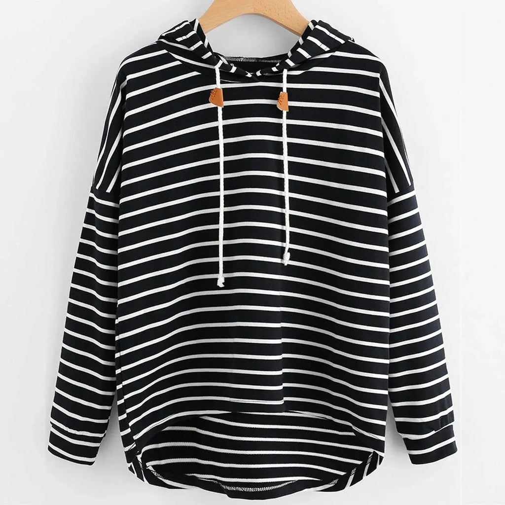 Women’s Hooded Top – Relaxed Fit – Jersey Knit – Striped – High-Low Hem – Drawstring