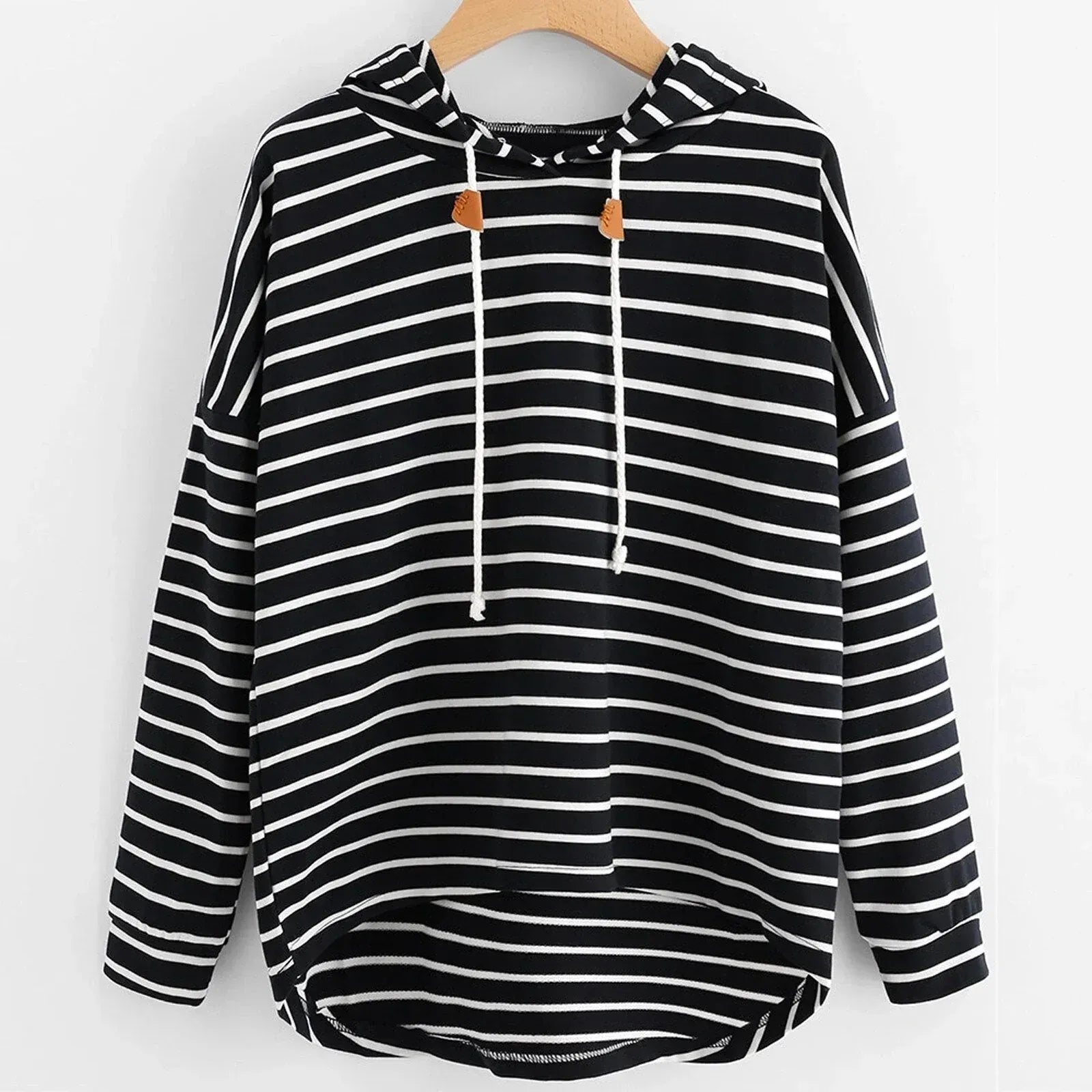 Women’s Hooded Top – Relaxed Fit – Jersey Knit – Striped – High-Low Hem – Drawstring