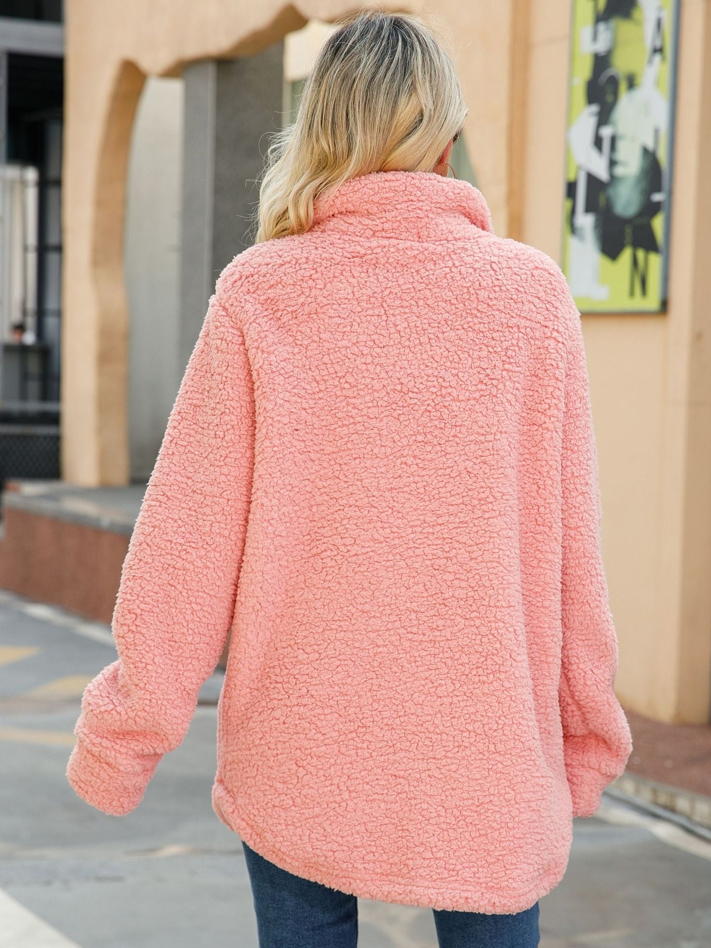 Women’s Shacket – Oversized Fit – Sherpa Fleece – Longline Button Front – Patch Pockets