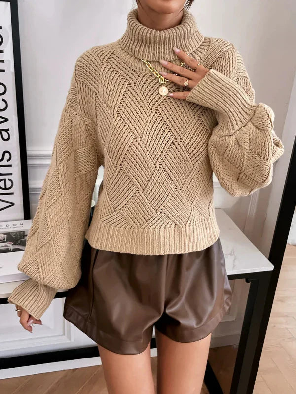 Women’s Pullover Sweater – Wool Knit – Oversized Fit – Turtleneck – Lantern Sleeve
