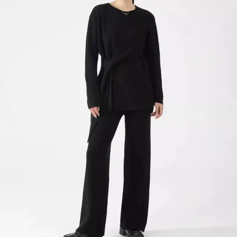 Women’s Knit Two-Piece Set – Relaxed Fit Sweater – Wide-Leg Ribbed Trousers – Soft Feel