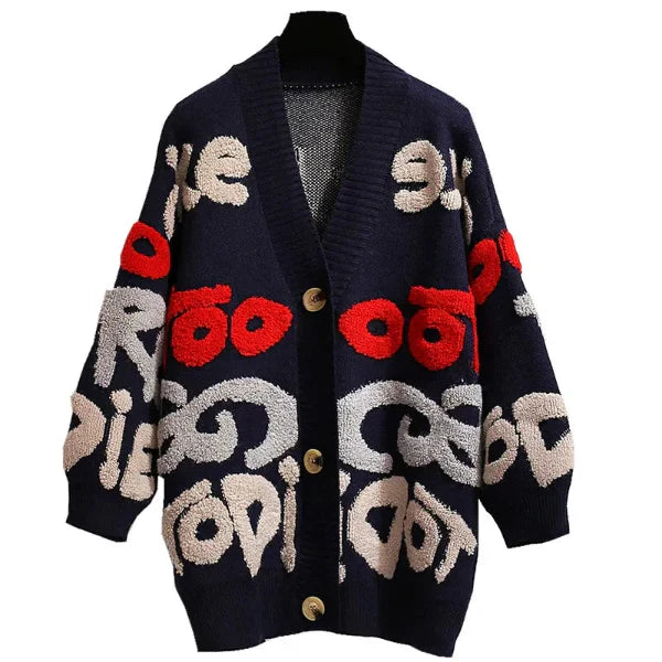 Women’s Knit Cardigan – Oversized Fit – Wool Blend – Bold Letter Pattern – Button Front