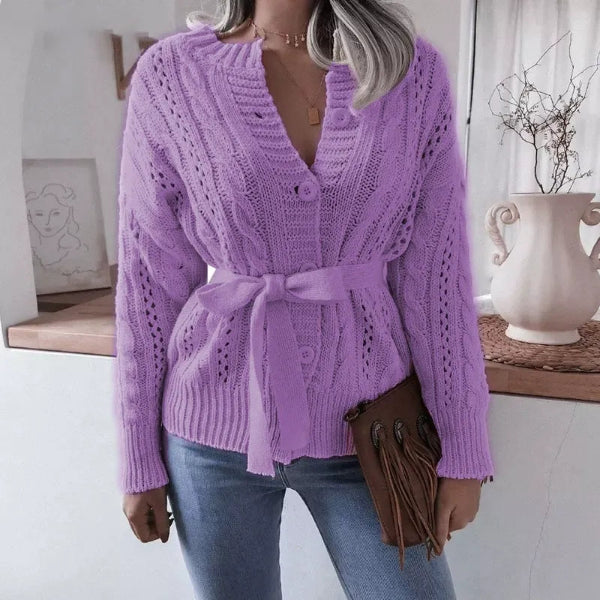 Women’s Knit Cardigan – Wool Blend – Cable Knit – Button Front – Waist Tie – Relaxed Fit