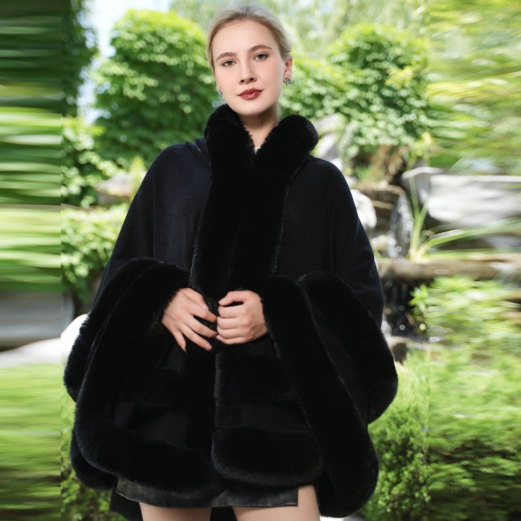 Women’s Cape Coat – Oversized Draped Fit – Faux Fur Trim – Mid-Length Wool Feel