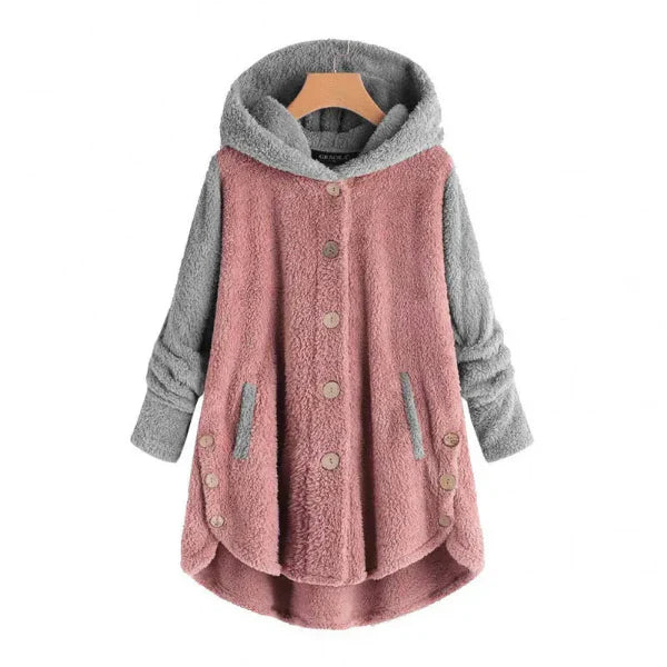 Women’s Hooded Coat – Oversized Fit – Fuzzy Fleece – Button Front – Asymmetrical Hem
