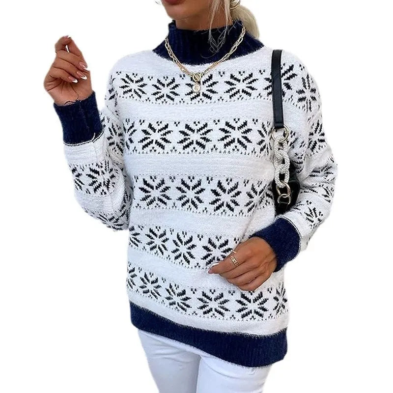 Women’s Knit Sweater – Wool Blend – Half Turtleneck – Snowflake Pattern – Relaxed Fit