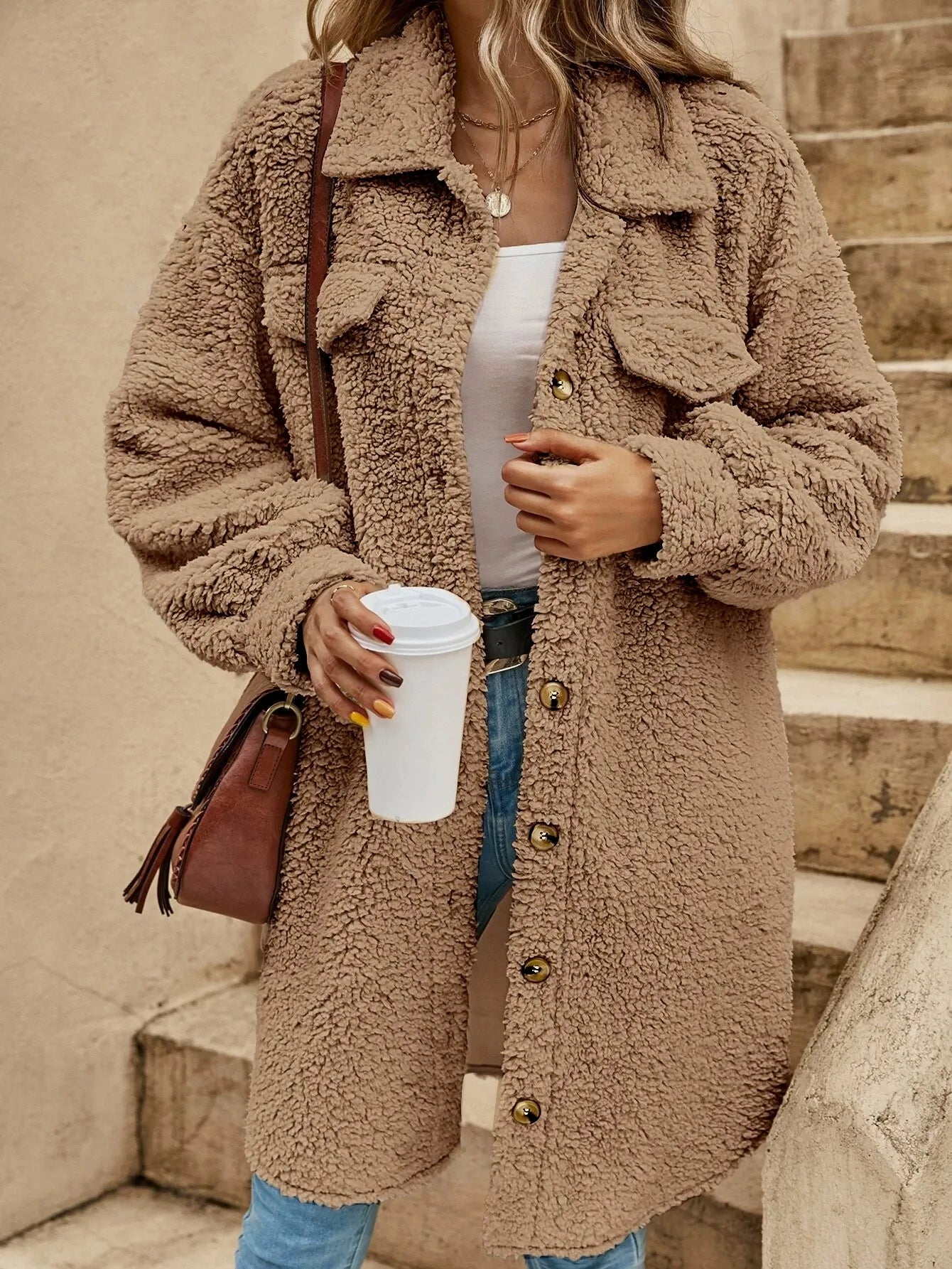 Women’s Plush Coat – Oversized Fit – Sherpa Texture – Button-Down with Lapel – Knee Length