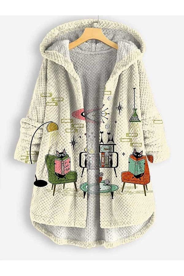 Women’s Hooded Coat – Fleece – Oversized Fit – Open Front – Whimsical Printed Design