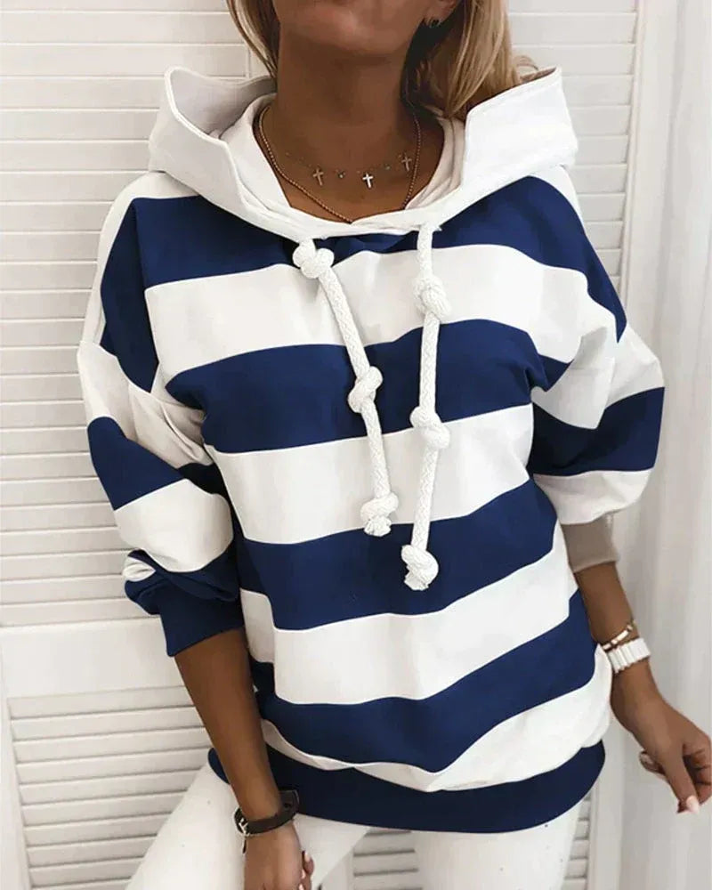 Women’s Hooded Sweatshirt – Oversized Fit – Jersey Knit – Striped – Knotted Drawstring